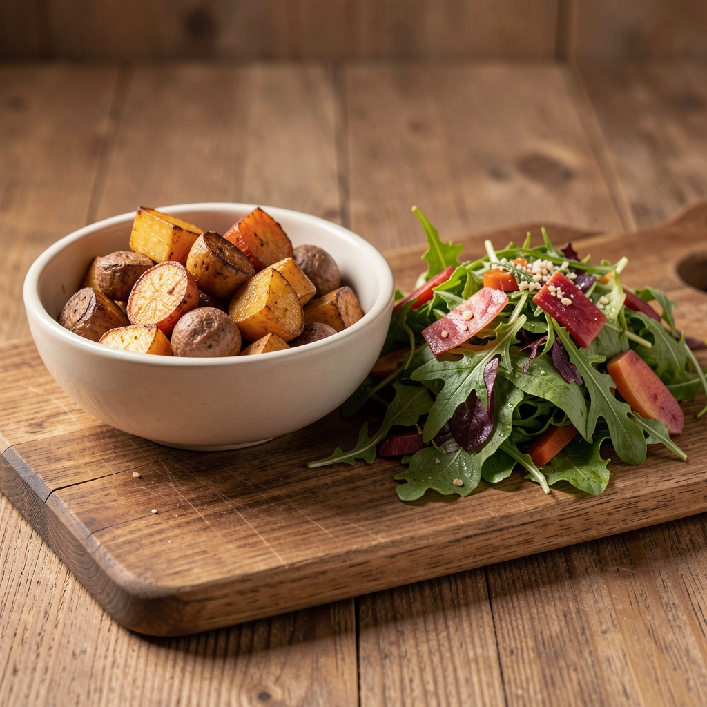 Bowl of roasted root vegetables beside a raw salad arrangement on a wooden board, comparative food styling