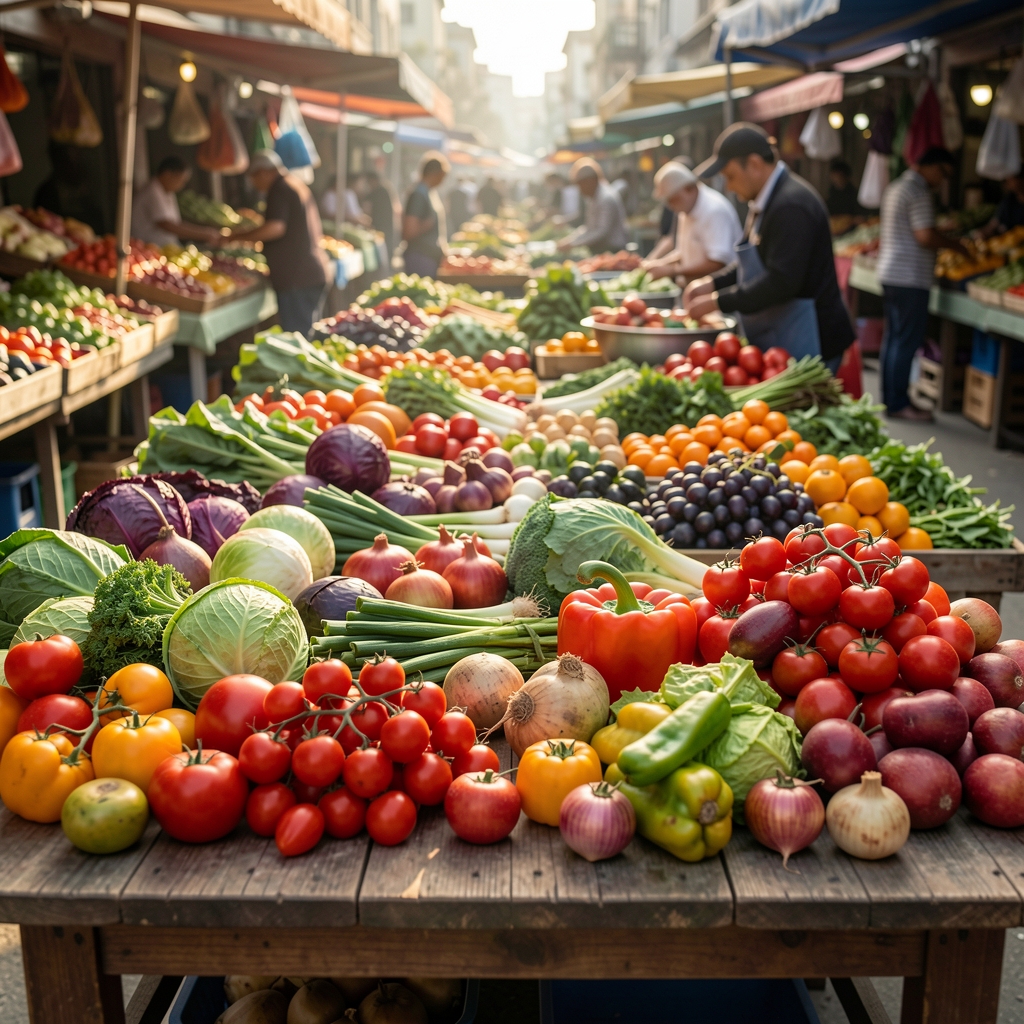 Colourful market vegetables spread on a wooden table, early morning natural light, editorial food photography