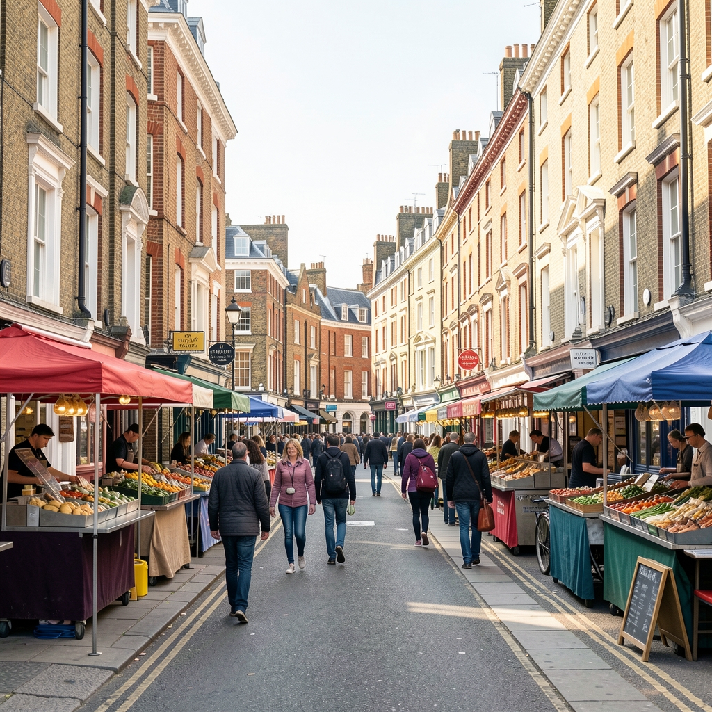 Street-level view of a London city block at midday, pedestrians walking past food market stalls